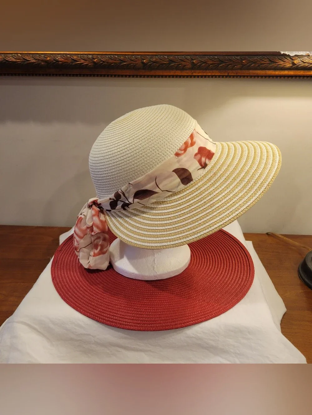 👒EUC~ Straw Sun Hat with Floral Scarf Band